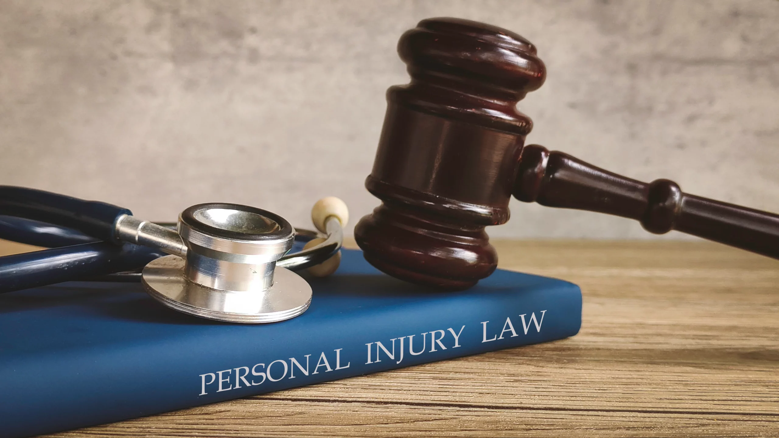 Personal injury law concept image featuring a judge’s gavel and medical stethoscope resting on a “Personal Injury Law” book, representing the connection between legal action and medical injury claims in New Jersey.